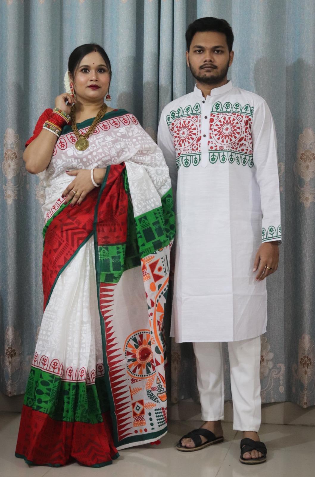 Half Silk Saree and Slub Cotton Panjabi Couple Set, No Blouse
