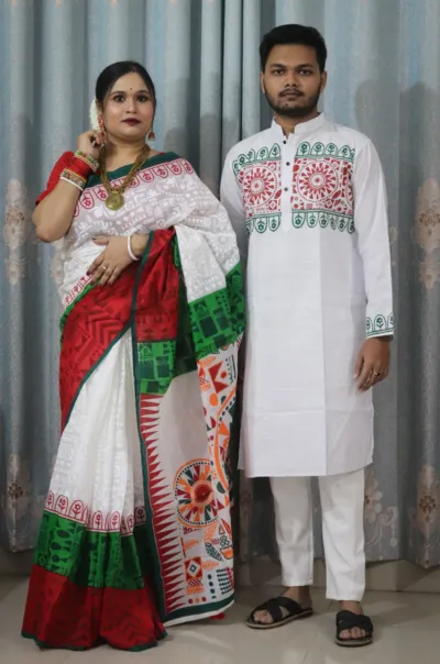 Half Silk Saree and Slub Cotton Panjabi Couple Set, No Blouse