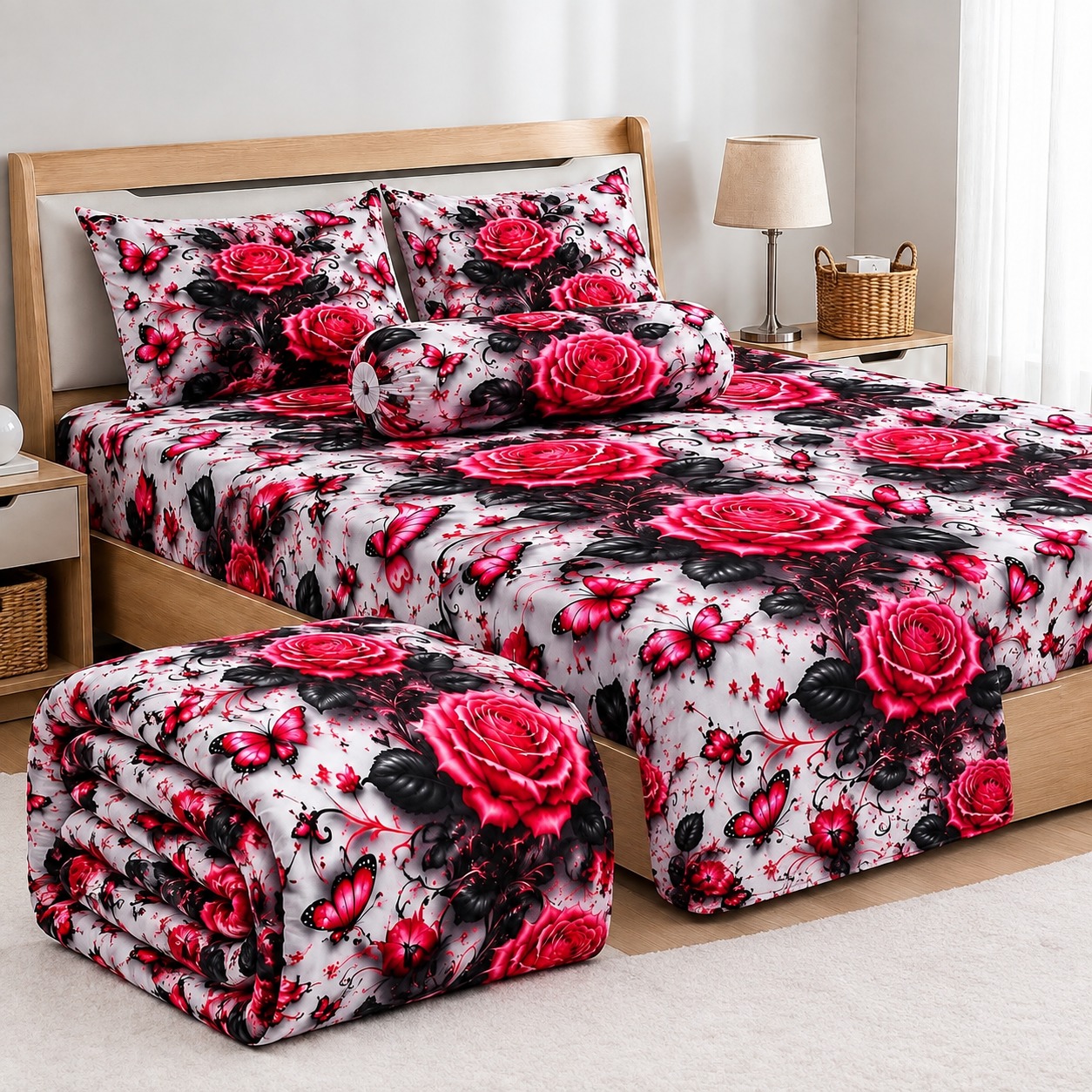 5 Piece 3D Print Comforter Set with Velvet Bed Sheet, 3 Colours