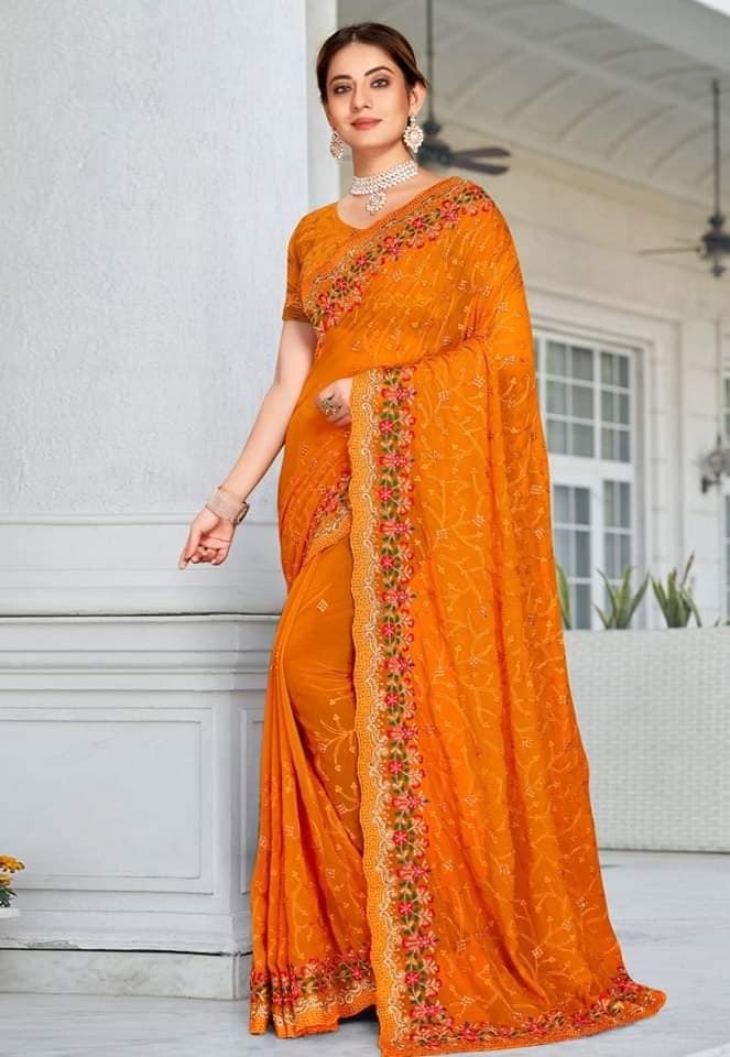 Full Embroidered Georgette Saree, Blouse Piece Included, 6 Colours