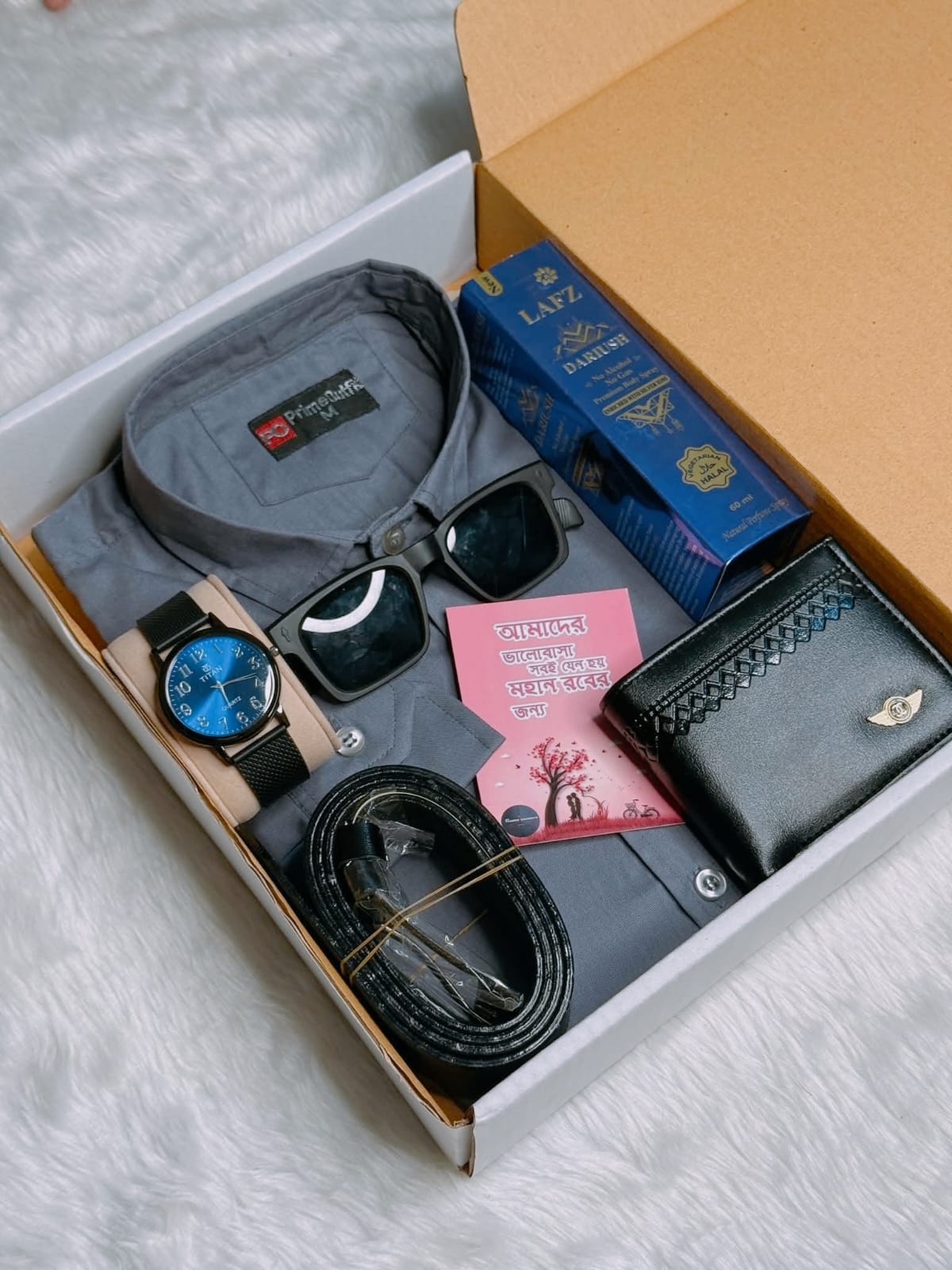 Men's Pure Cotton Shirt Combo Set with Wallet, Watch and Perfume