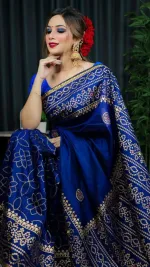 মহিলাদের হ্যান্ড প্রিন্ট হাফ সিল্ক শাড়ি, 12 হাত লম্বা