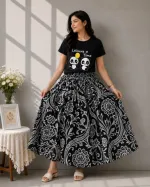 Women's Linen Skirt and DTF Print T-Shirt Set, 160 GSM Pure Cotton
