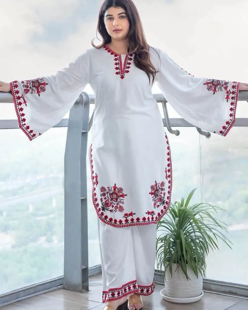 Embroidered Linen Three Piece for Puja, Star Georgette Orna, M to XL