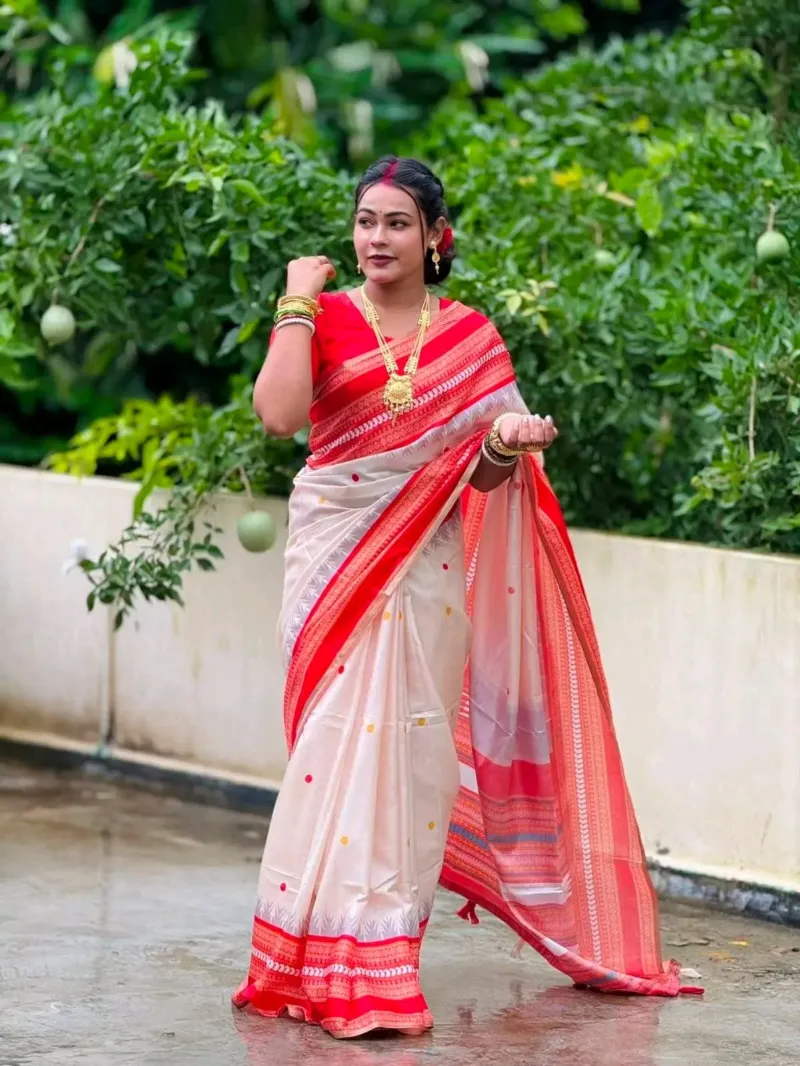 Festive Assam Silk Style Saree with Blouse Piece, 5 Colours