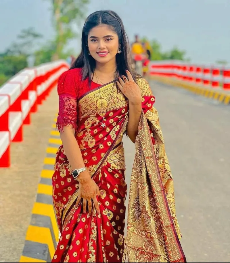 মেয়েদের সিল্ক কাতান শাড়ি, ফুল বডি জরির সুতার কাজ, 6 রং