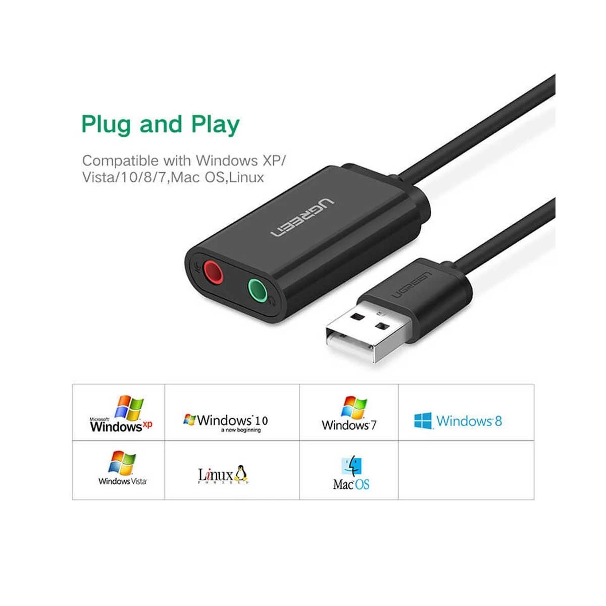 UGREEN 30724 USB Male to Dual 3.5mm Female Black Audio Converter
