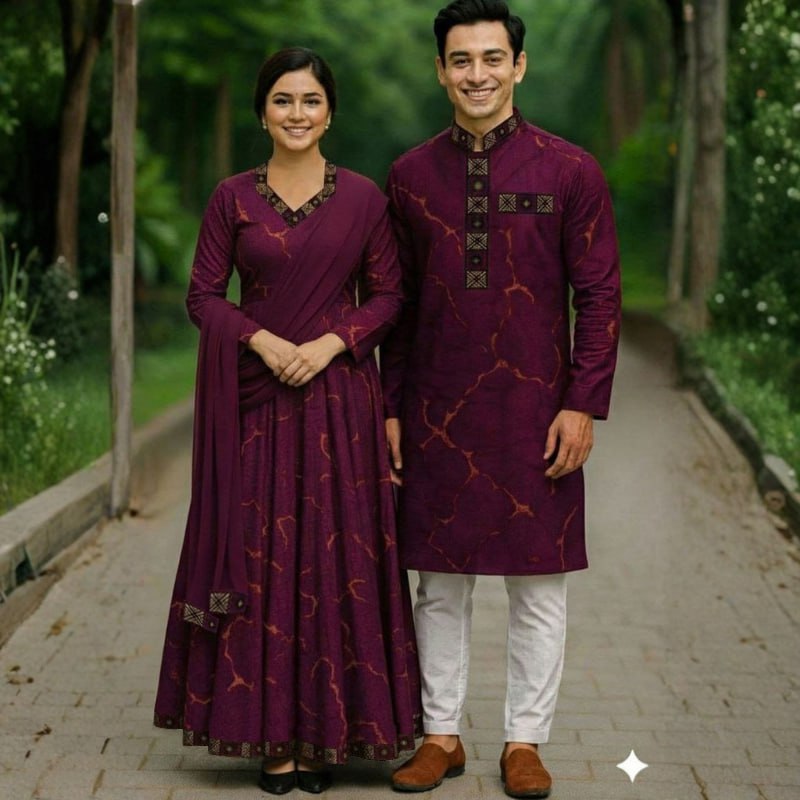 Couple Eid Combo, Panjabi with Pajama and Readymade Gown Three Piece