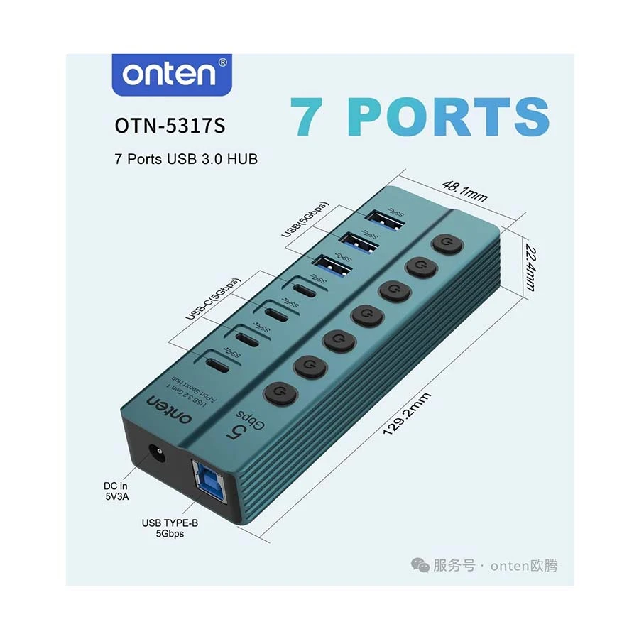 Onten OTN-5317S 7 Port USB Hub with USB-A and USB-C Ports, Green