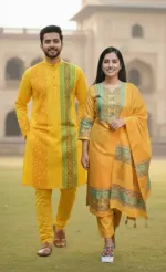 Block Print Three Piece and Dhupian Silk Panjabi Matching Set