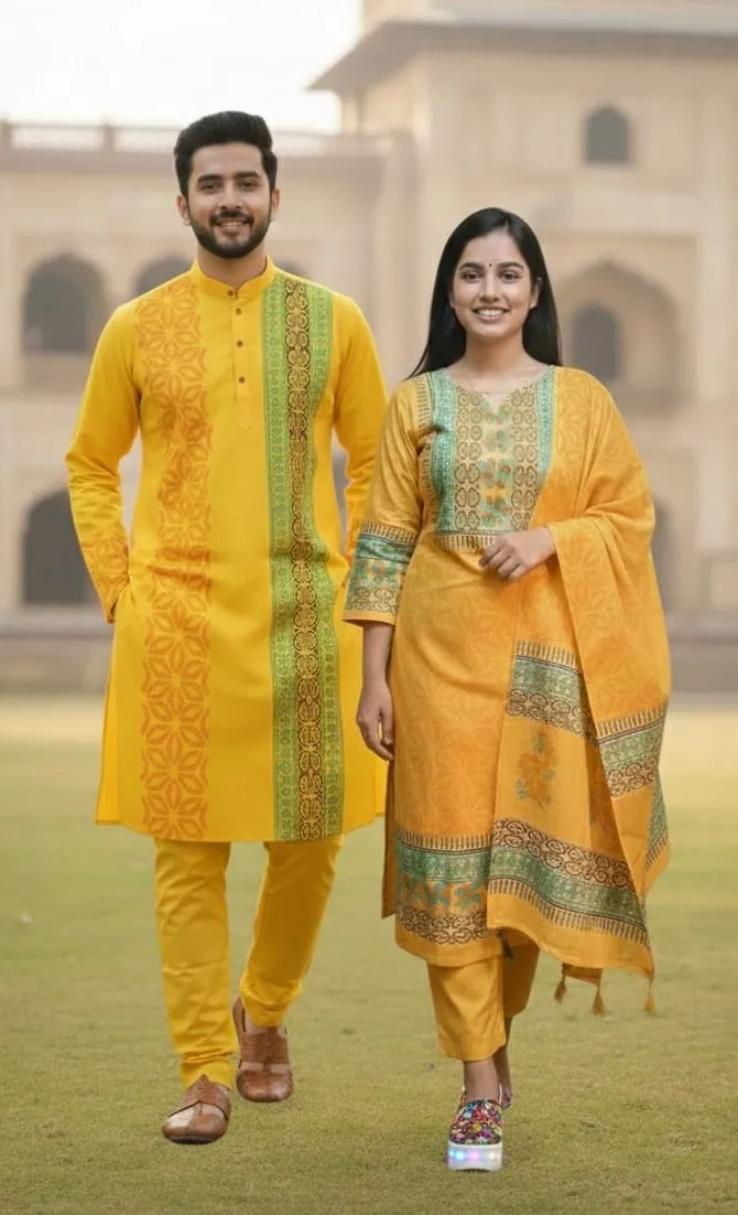 Block Print Three Piece and Dhupian Silk Panjabi Matching Set
