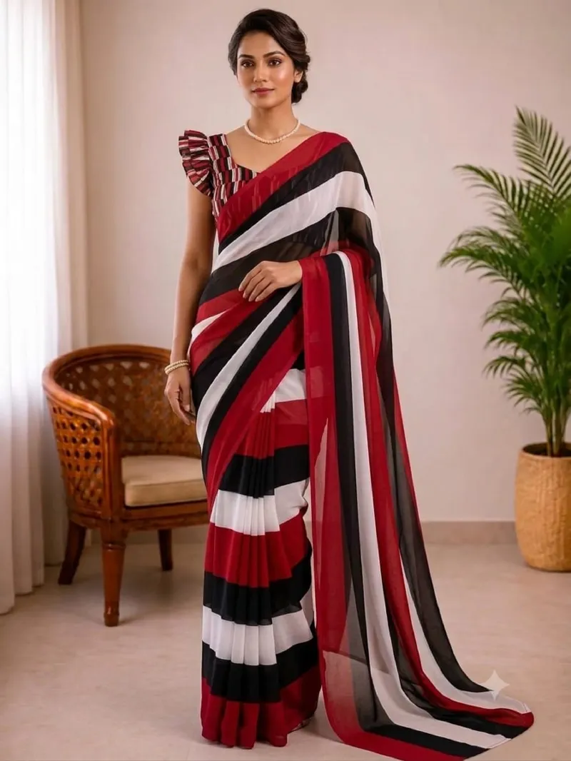 রংধনু জর্জেট শাড়ি, ম্যাচিং ব্লাউজ পিস সহ