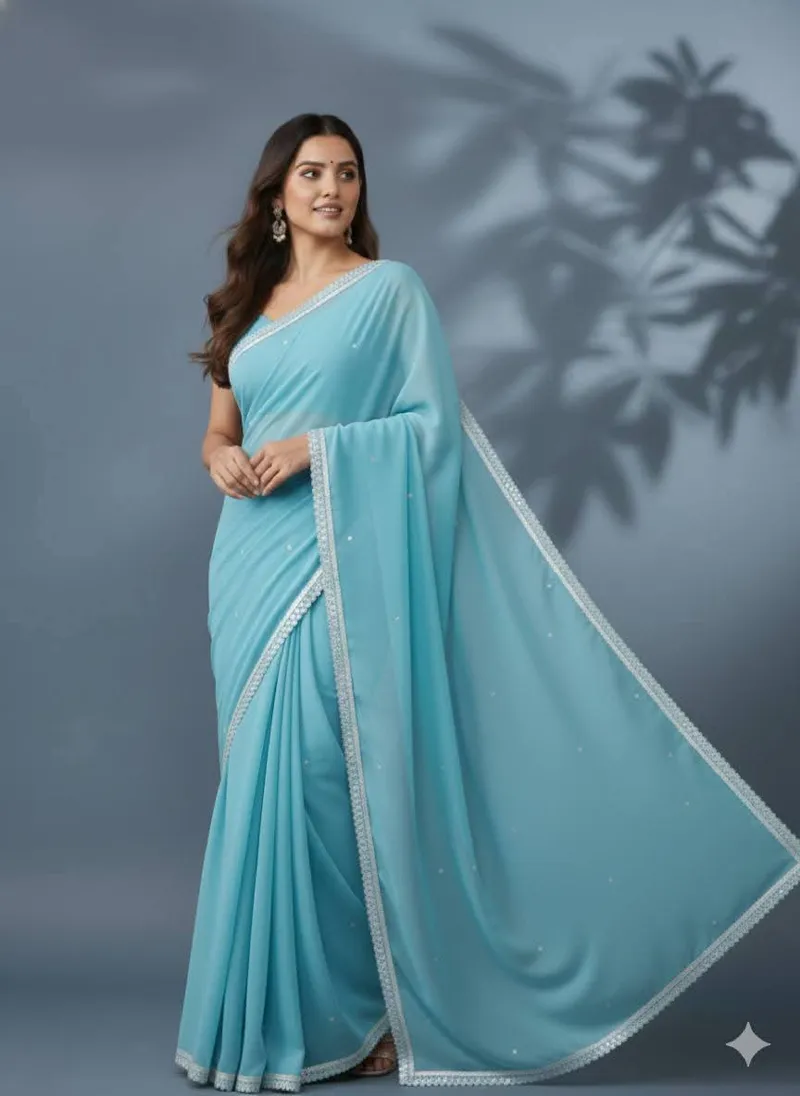 Georgette Saree with Stone Work and Lace, Matching Blouse