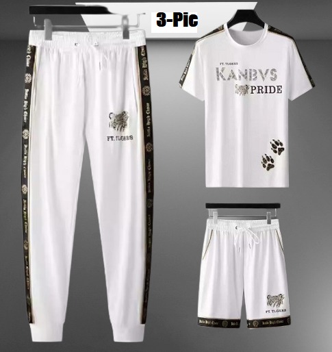 Men's Printed Half Sleeve T-Shirt, Full Pant and Half Pant Set