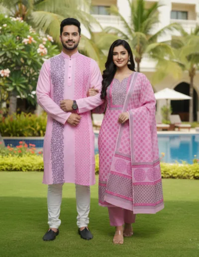 Couple Full Sleeve Three Piece and Hand Print Silk Panjabi