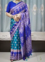 Soft Silk Digital Print Saree with Tassels and Blouse, 2 Colours