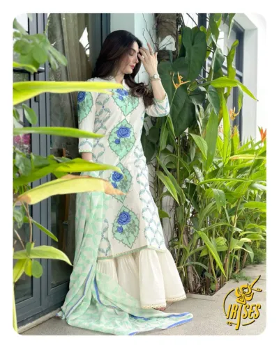 Cotton Three Piece with Lace Gharara and Lace Edged Orna