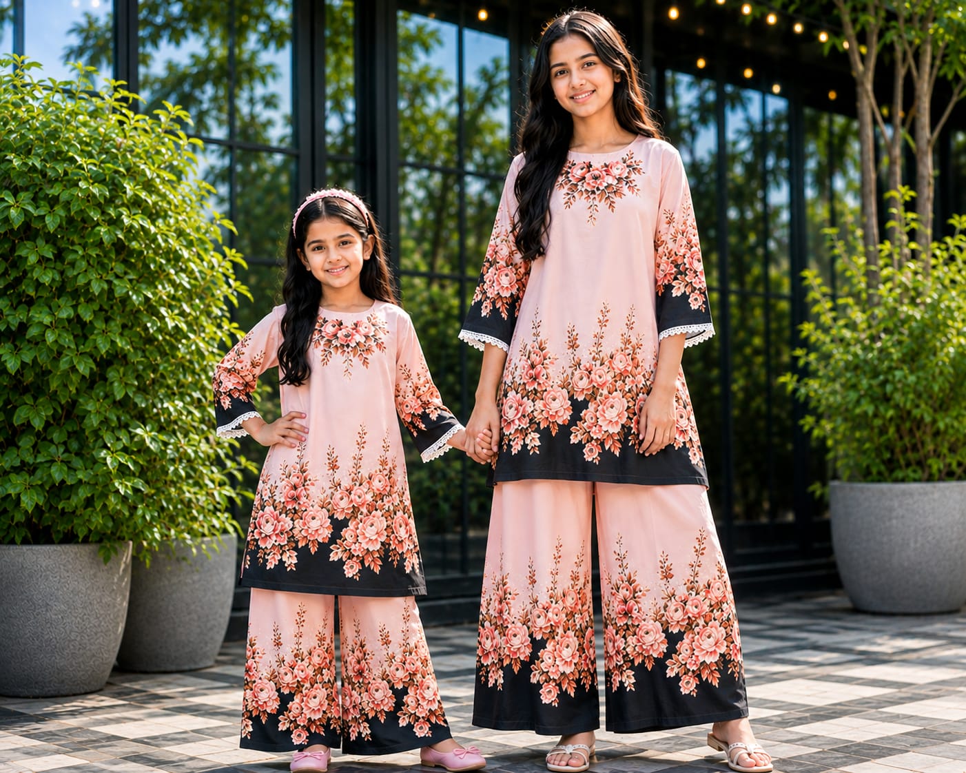 Girls' Digital Print Cotton Two Piece Set, 6 to 15 Years