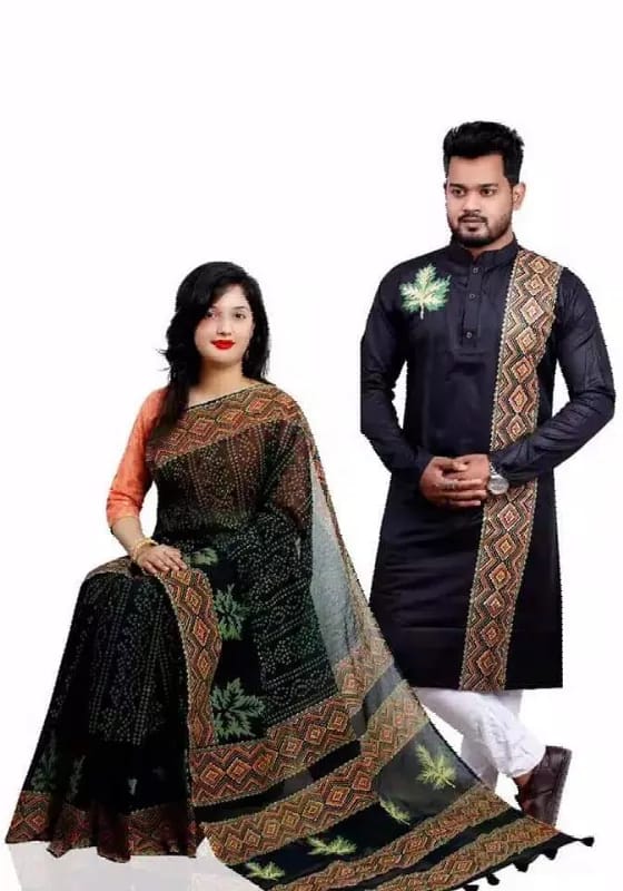 Dhupian Silk Panjabi and Half Silk Saree Set for Couples