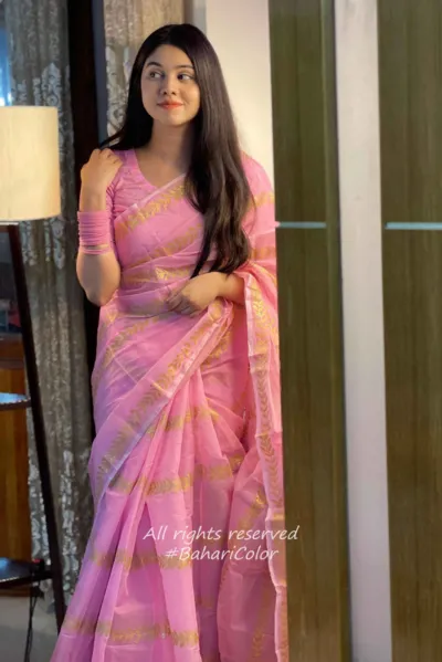 সেমি মসলিন ব্লক প্রিন্ট শাড়ি, কটন ভয়েল ব্লাউজ পিস সহ