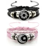 Sun and Moon Couple Bracelet Set, Leather with Metal Finish