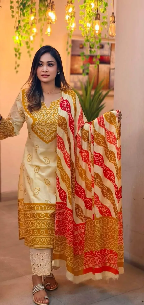 প্রিন্টেড লিনেন কামিজ ও সালোয়ার থ্রি পিস, 6 রং