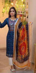 লিনেন থ্রি পিস, স্ক্রিন প্রিন্ট ও স্টোন ওয়ার্ক, 40 থেকে 44 সাইজ