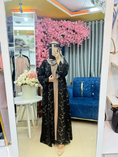 Women's Embroidered Abaya with Koti, Inner and 75/30 Inch Hijab