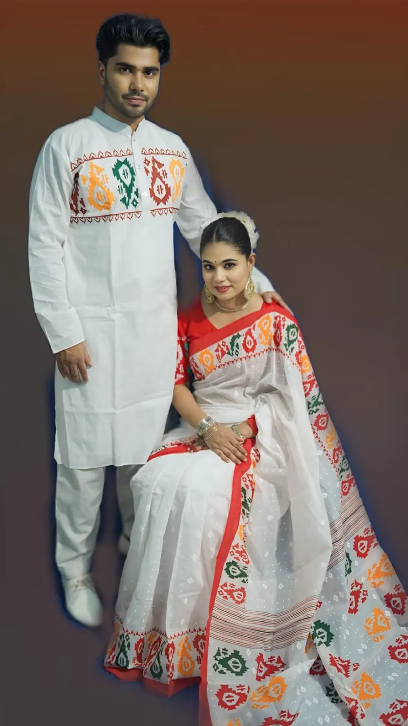 Pohela Boishakh Couple Dress, Tassel Saree with Silk Panjabi