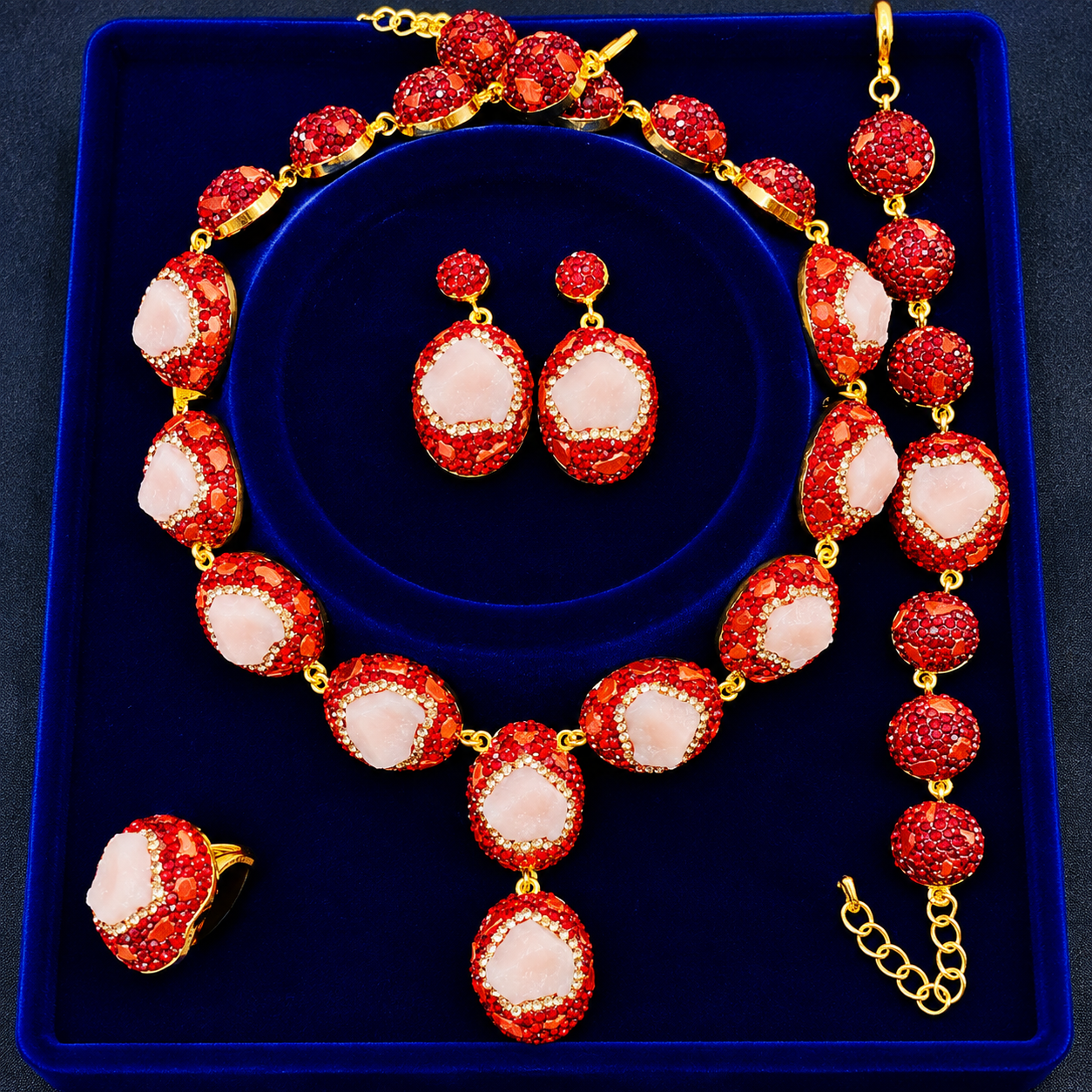 Premium Bridal/Party White Druzy & Red Crystal Jewelry Set
