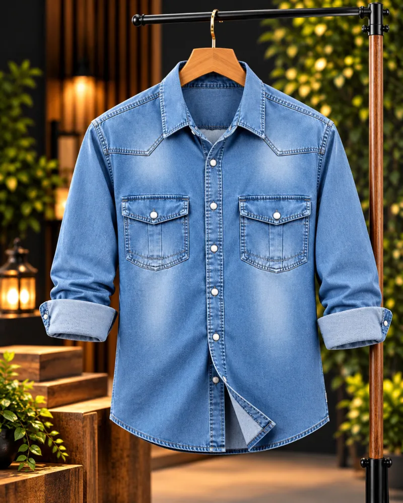 Men's Denim Shirt with Pocket and Snap Buttons, 220+ GSM