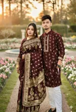 Screen Print Silk Saree and Block Print Panjabi Couple Set