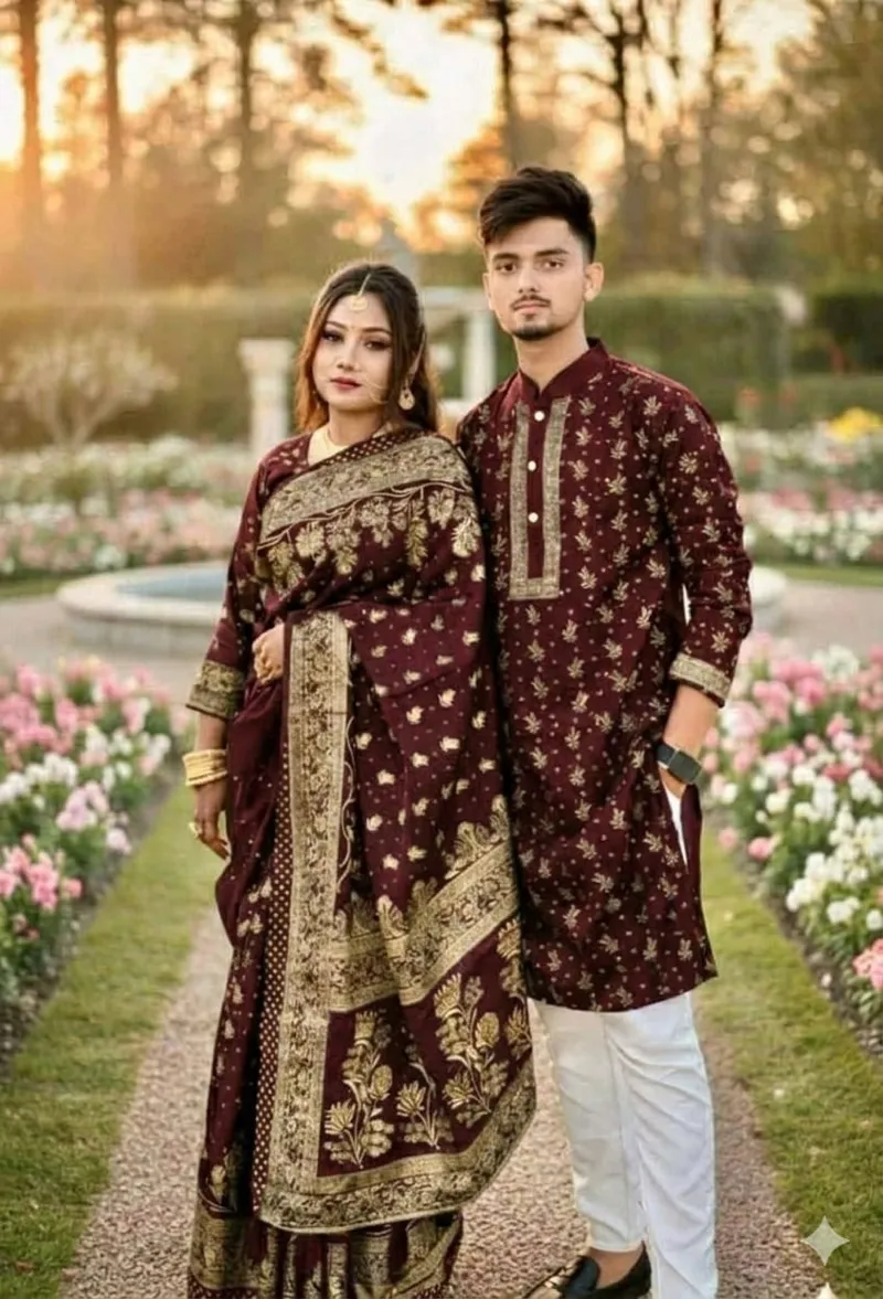 Screen Print Silk Saree and Block Print Panjabi Couple Set