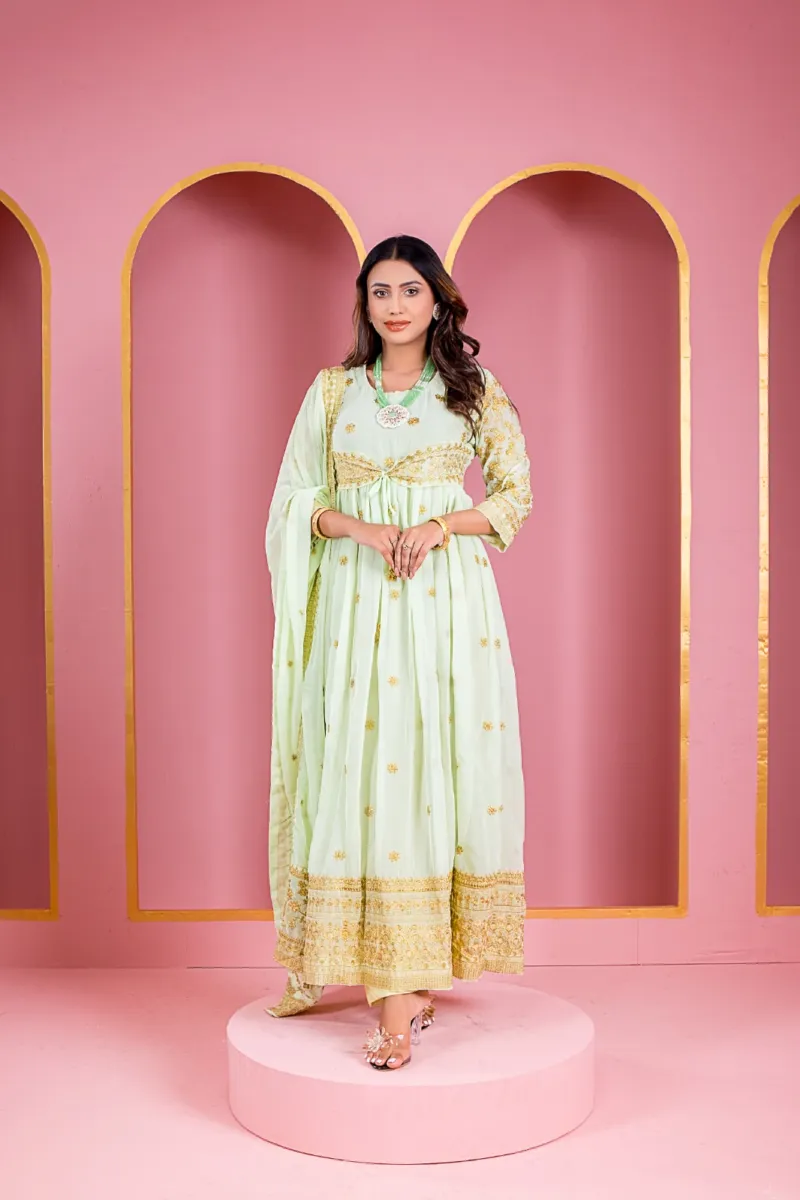 Women's Floor-Touch Embroidered Anarkali Party Dress, 4 Colours
