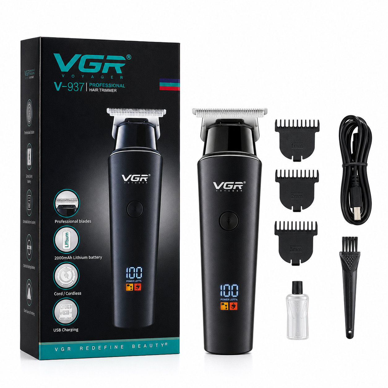 VGR V-937 কর্ডলেস হেয়ার ও বিয়ার্ড ট্রিমার – LCD ডিসপ্লে, 2000mAh (কালো)