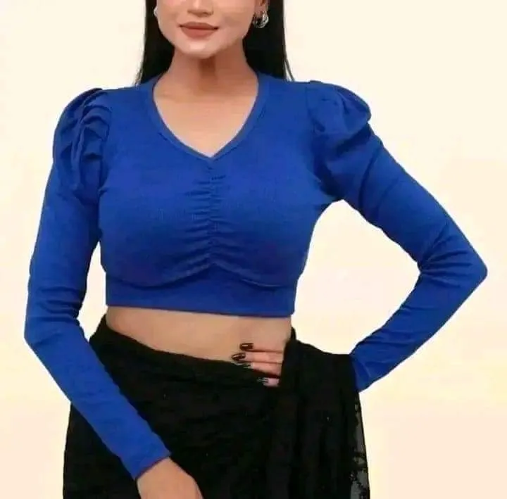 Knit Fabric Crop Top Blouse, Slim Fit, 4 Colour Choices