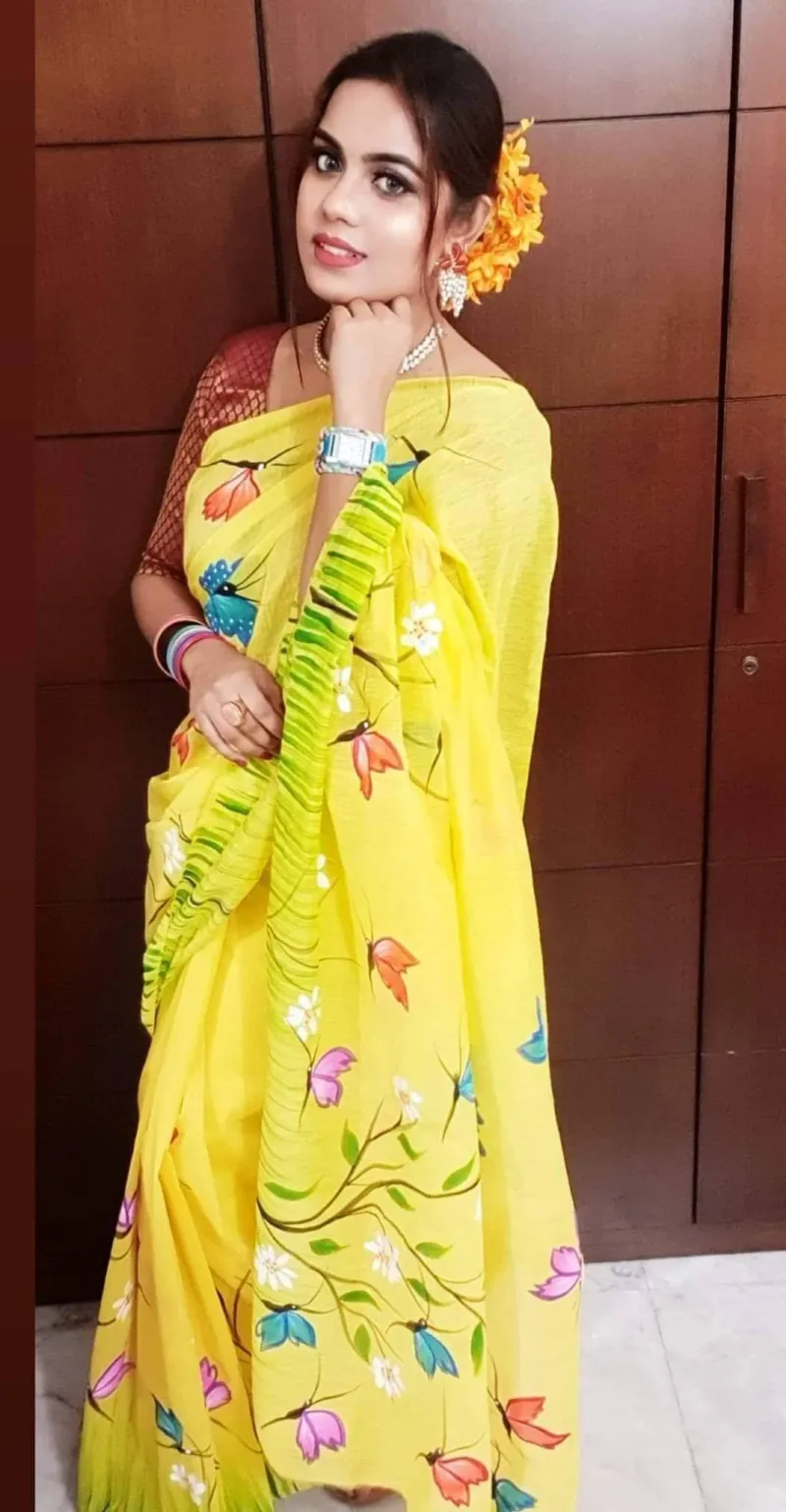 Brush Painted Half Silk Saree, Hand Work in 6 Colours