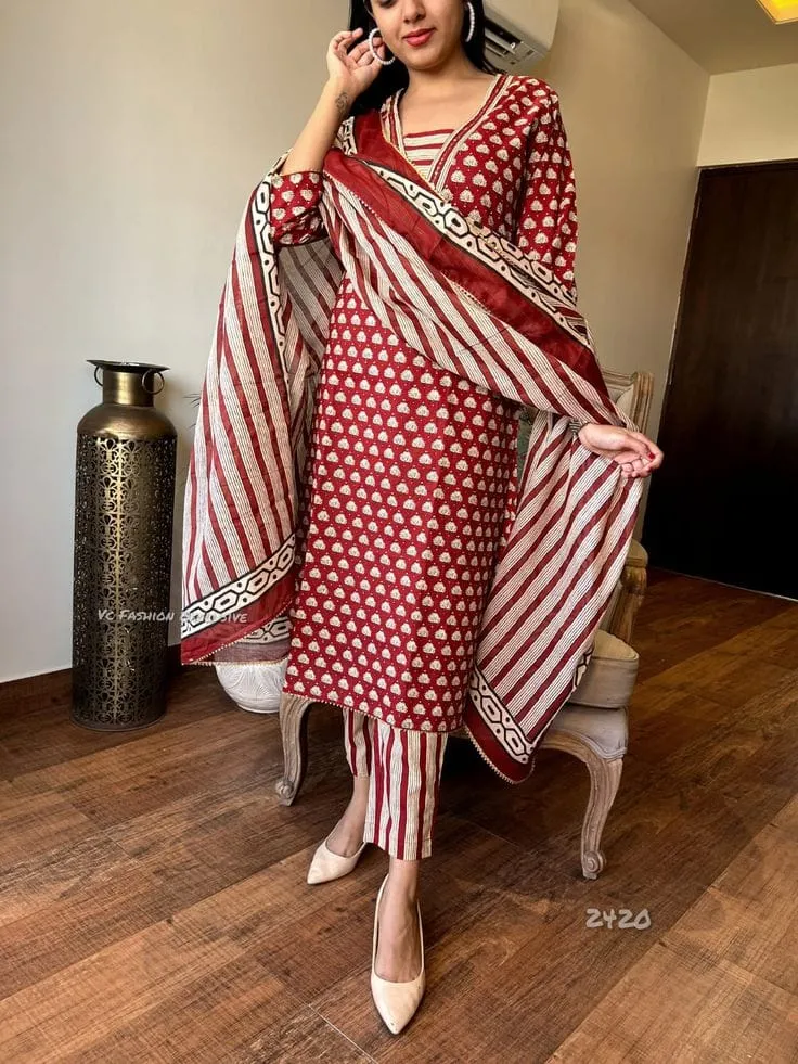 মেয়েদের স্ক্রিন প্রিন্ট থ্রি-পিস, AC কটন কামিজ