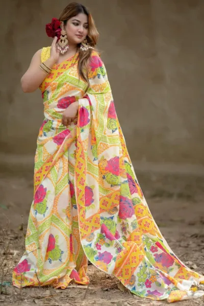Women's Half Silk Screen Print Saree without Blouse Piece