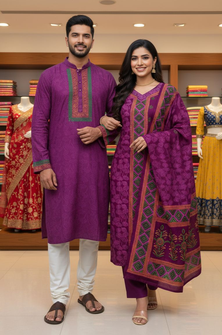 Block Print Three Piece and Dhupian Silk Panjabi Matching Set