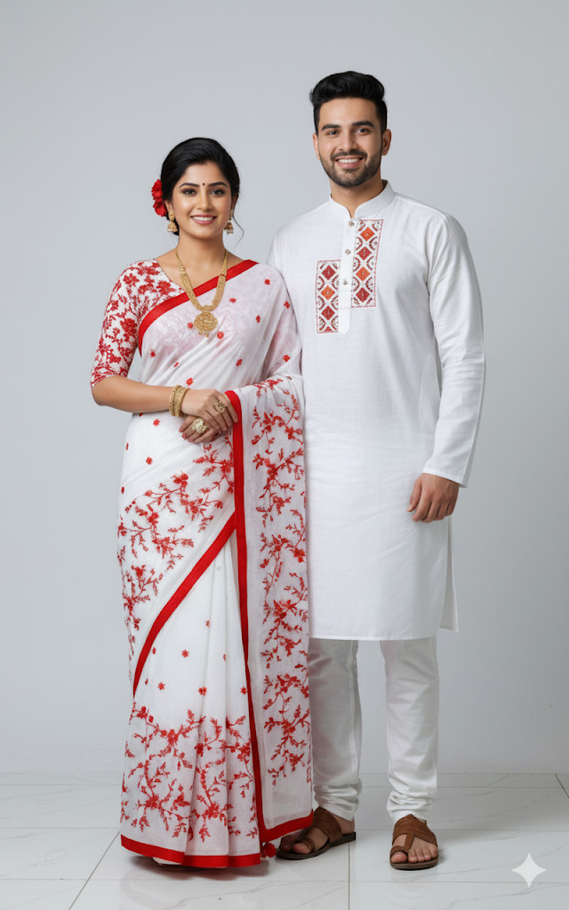 Couple Set: Embroidered Half Silk Saree and Slub Cotton Panjabi
