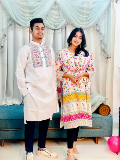 Couple Dress Set, Screen Print Voile Jama and Block Print Panjabi