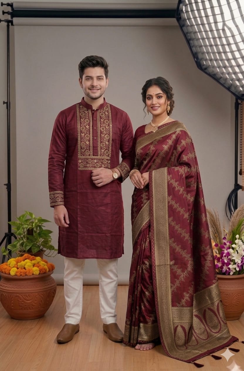 Matching Couple Set, Screen Print Saree with Block Print Panjabi
