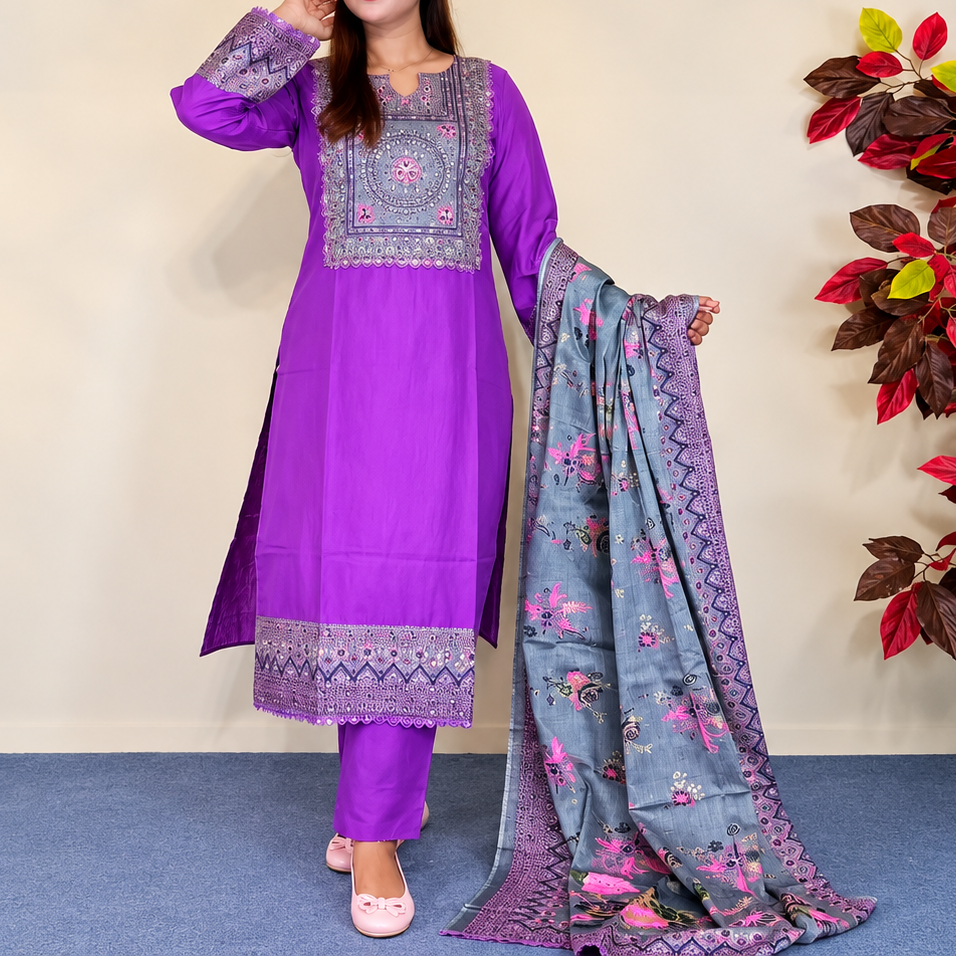 Elegant Mustard Yellow & Slate Blue Printed Cotton Three-Piece Set