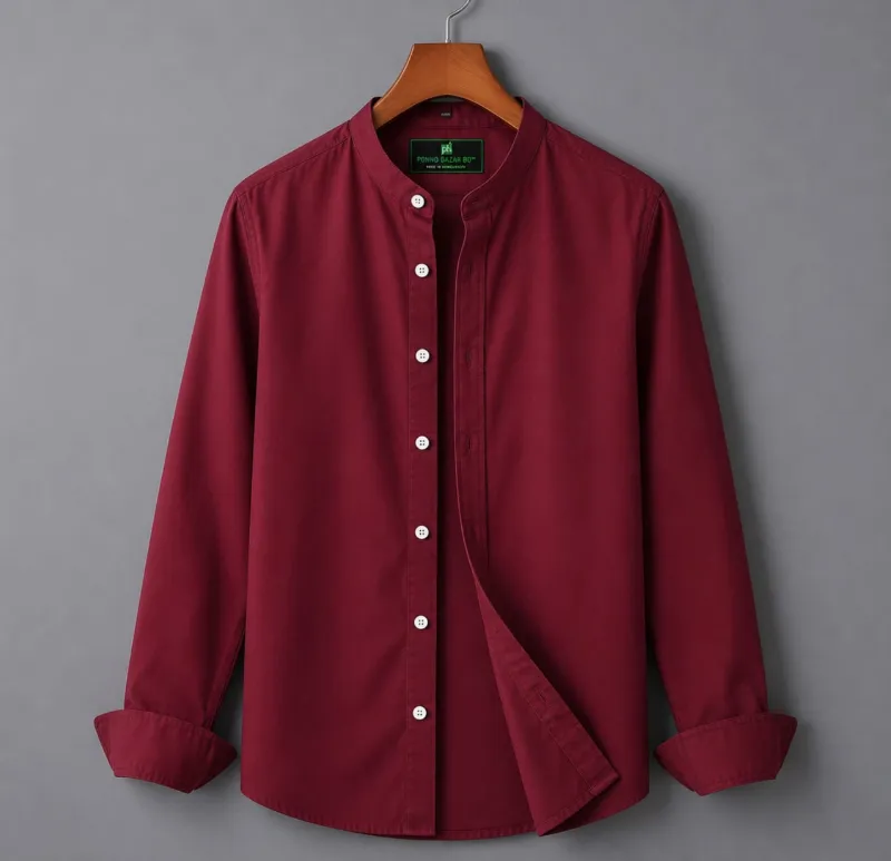 Men's Solid Oxford Long Sleeve Shirt with Band Collar