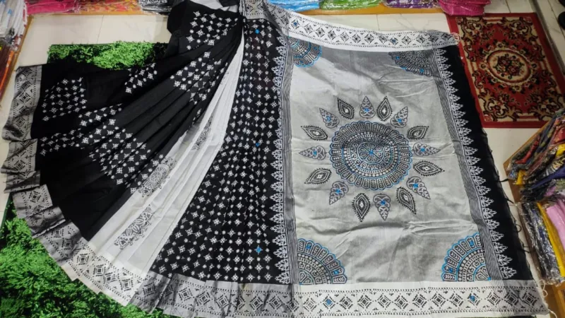 Block Print Dhupian Silk Saree with Embroidery, 13 Haath Long
