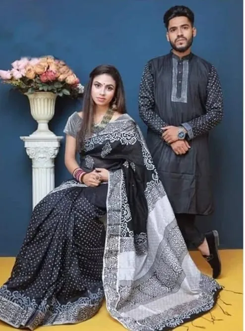 Matching Saree Panjabi Couple Set in Dhupian Silk, 6 Colours