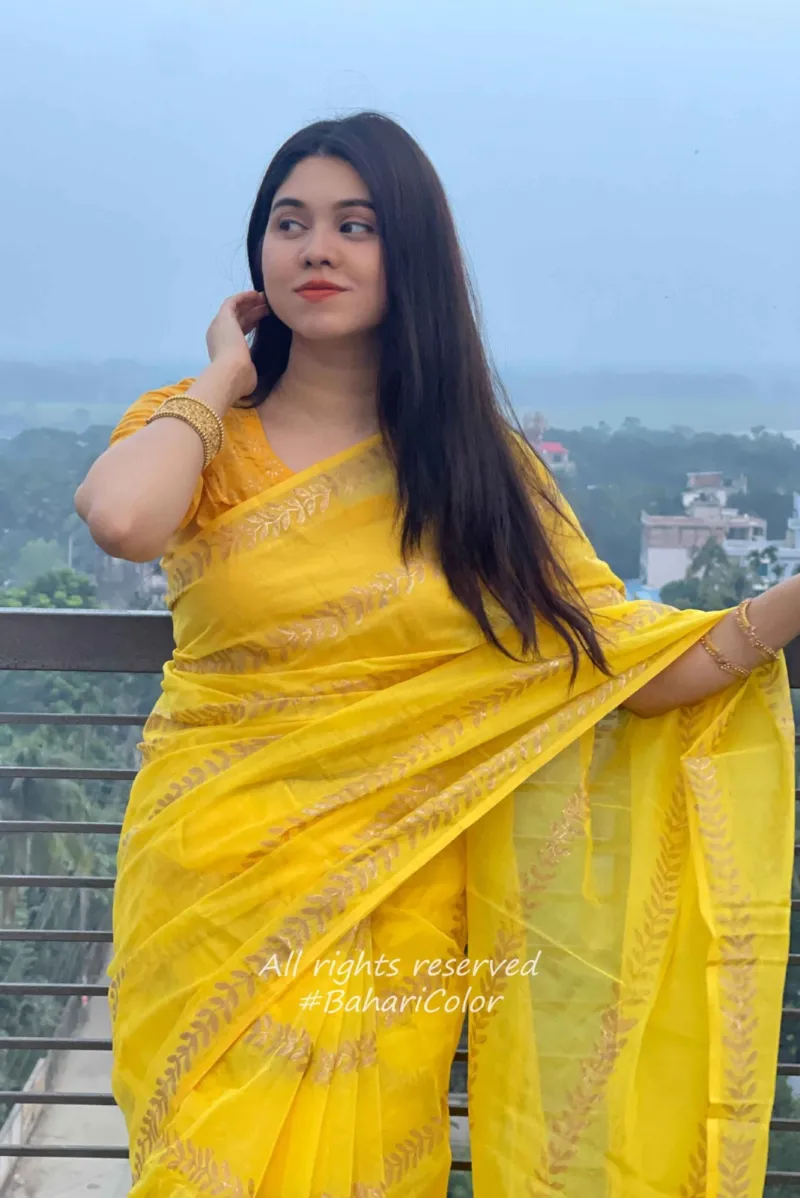 Semi Muslin Block Print Saree with Cotton Voile Blouse Piece