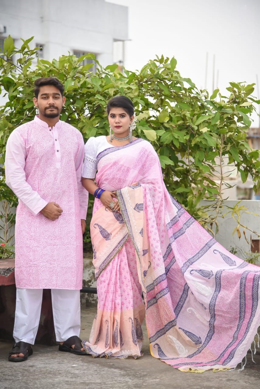 Block Print Couple Saree and Panjabi Set, Panjabi Sizes S to XL