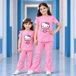 মেয়েদের Hello Kitty গোলাপি টু-পিস সেট – ফ্লাটার স্লিভ টপ ও প্রিন্টেড প্যান্ট